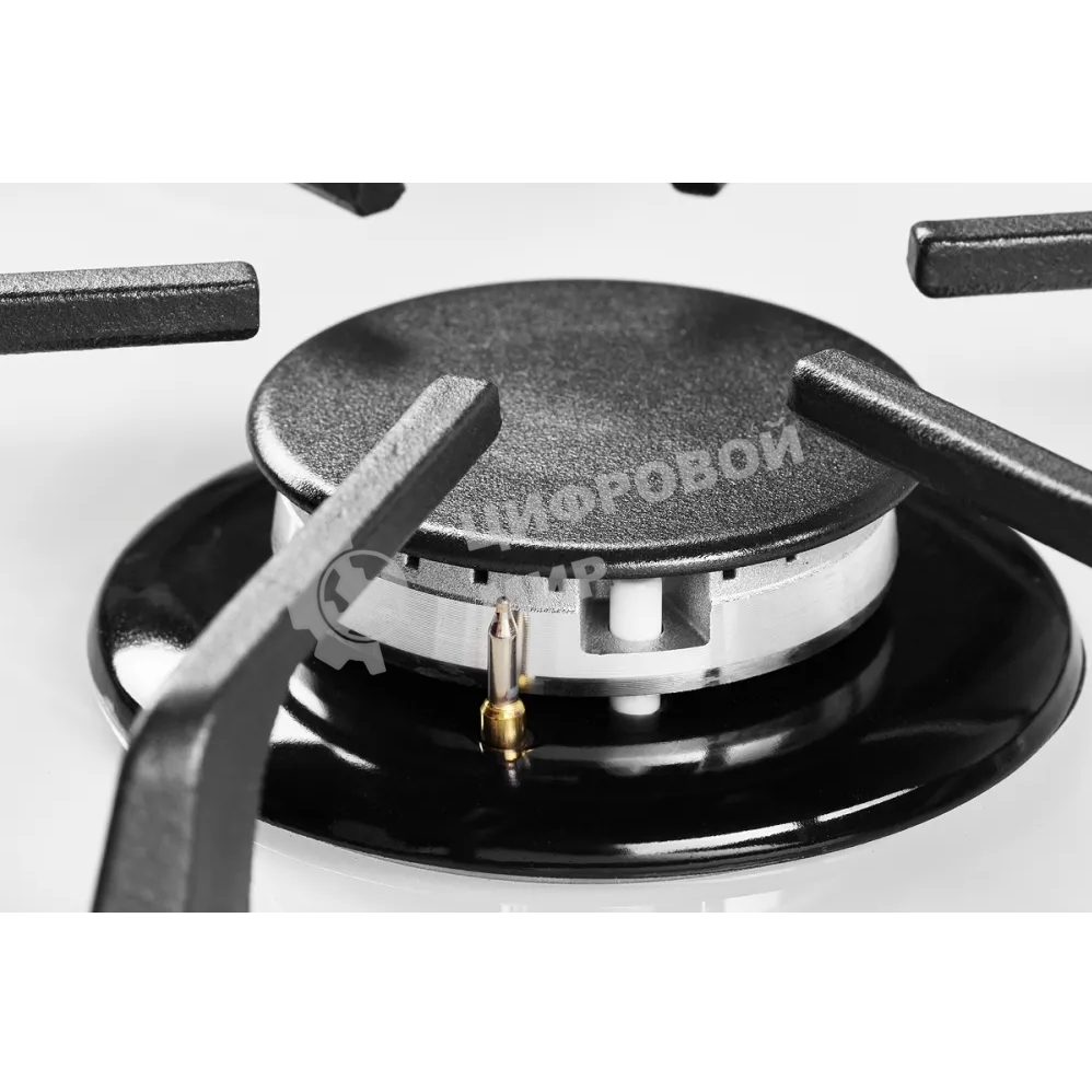 Газовая варочная панель Kuppersberg FG 62 W Газовая варочная панель, закаленное стекло, ширина 60 см, 4 газовые конфорки, WOK конфорка(3,8 кВт), автоподжиг, газ-контроль, чугунные решетки, белый