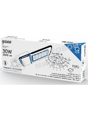 Светильник светодиодный Gauss Qpus 370х145х45 30Вт 5000К 3600лм IP65 110-260В уличный КСС 