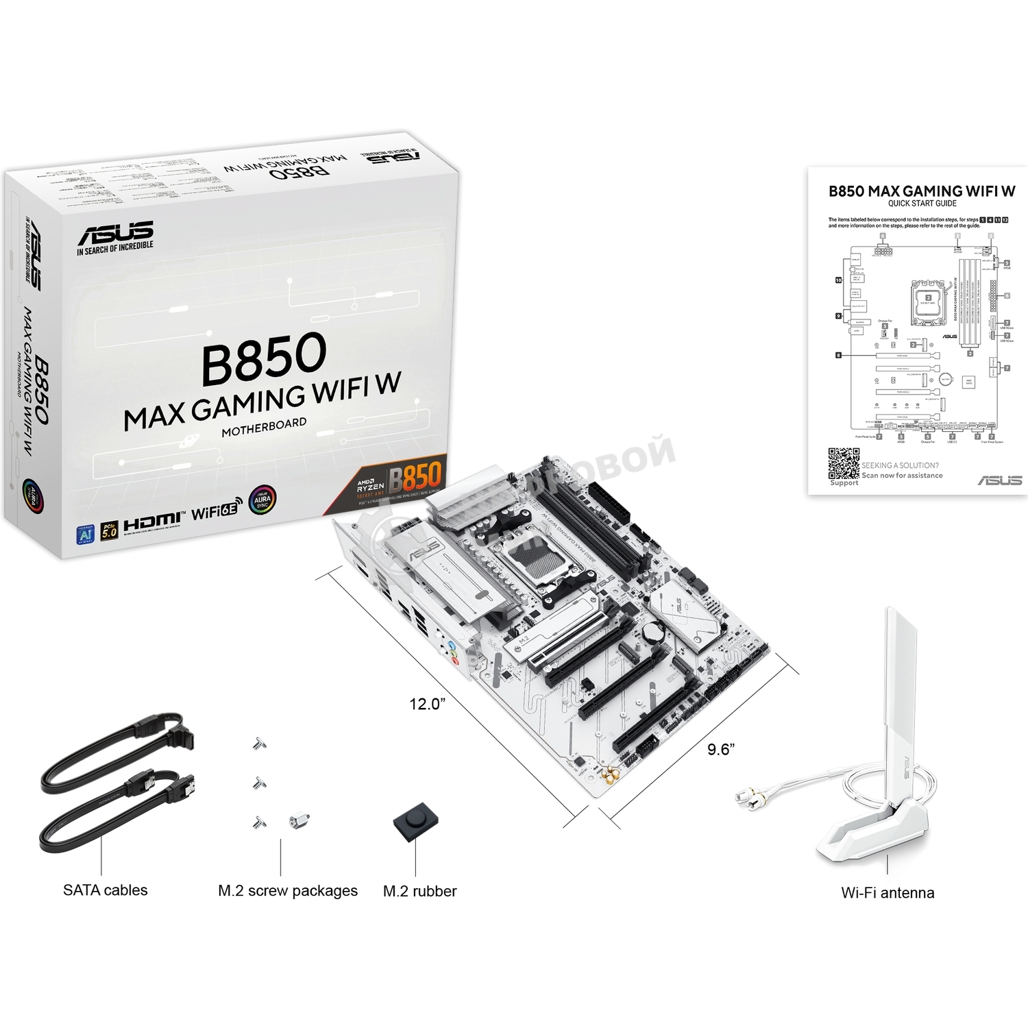 Материнская плата ASUS B850 MAX GAMING WIFI W, AM5, AMD B850, 4xDDR5, 4xSATA, 3xM.2, 1xPCIe 5.0 x16, 1xPCIe 4.0 x4, 2xPCIe 3.0 x1, 1xDisplayPort, 1xHDMI, 1x2.5Gb LAN, Wi-Fi 6E, Bluetooth 5.3, 1xUSB-C 10Gbps, 3xUSB-A 10Gbps, 2xUSB-A 5Gbps, 2xUSB-A 2.0, 3x3