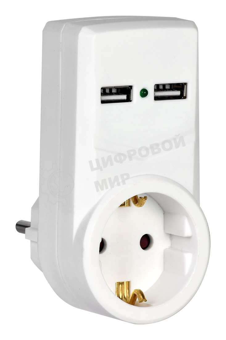 белый адаптер Т-01/01 1 место 2P+PE 16А 2хUSB 2,1A IEK