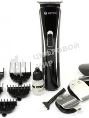 Триммер Vitek VT-2548 BK сеть/аккумулятор. Встроенная аккумуляторная батарея NiMh 2x1,2V AAA 800 mAh. Время зарядки от сети 8ч. Время автономной работы 45мин. Влажная очистка. Детальный триммер. Индикатор зарядки. Число установок длины 8. Максимальная длина стрижки 12мм. Минимальная длина стрижки 0,4. Способ регулировки длины регулировкой длины лезвий/сменой насадок. Материал лезвий высокачественная сталь. Число насадок 5. Стрижка бороды. Триммер для носа/ушей. Насадка для бритья. Аксессуары: Щеточка, смазочное масло.
