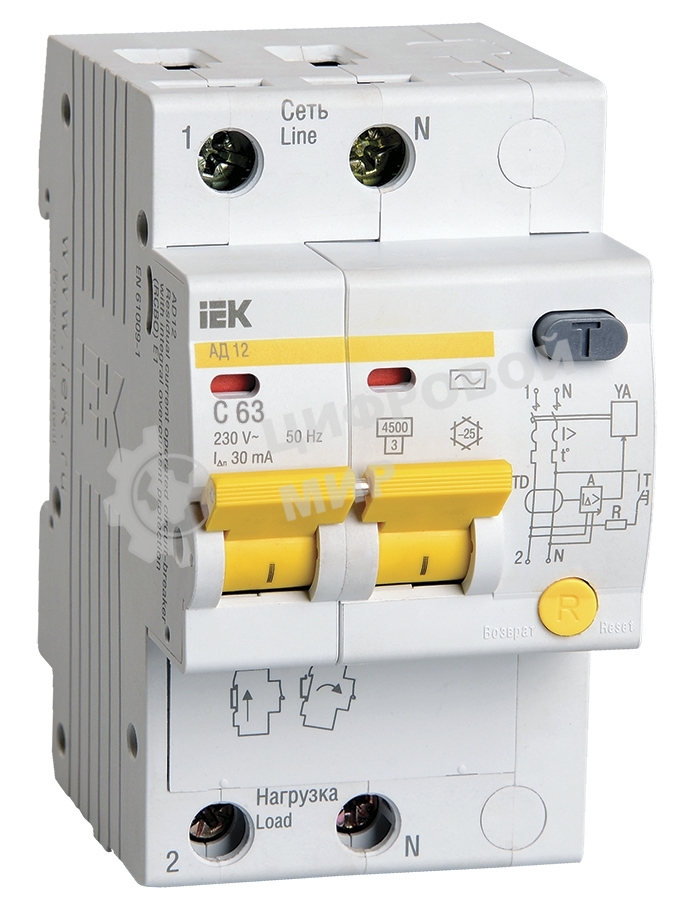 Выключатель автоматический дифференциального тока 2п C 63А 30мА тип AC 4.5кА АД-12 IEK MAD10-2-063-C-030