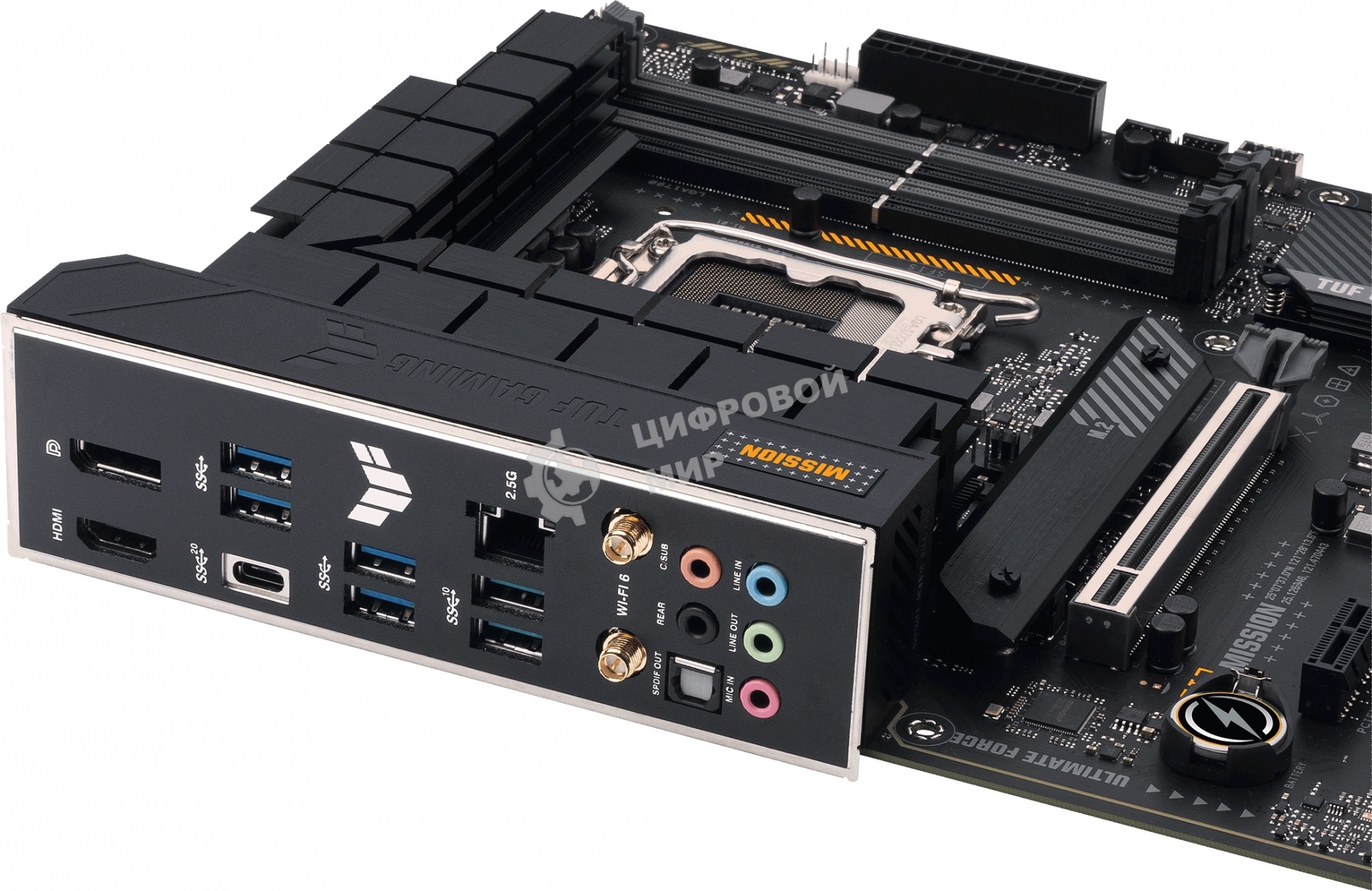 Материнская плата ASUS TUF GAMING H770-PRO WIFI, LGA 1700, Intel H770, 4xDDR5, 4xSATA, 4xM.2, 1xPCIe 5.0 x16, 1xPCIe 4.0 x4, 2xUSB-A 3.2 Gen 2, 4xUSB-A 3.2 Gen 1, 1xUSB-C 3.2 Gen 2x2, 1x2.5Gb LAN, 5x3.5 мм, 7.1, Standard-ATX