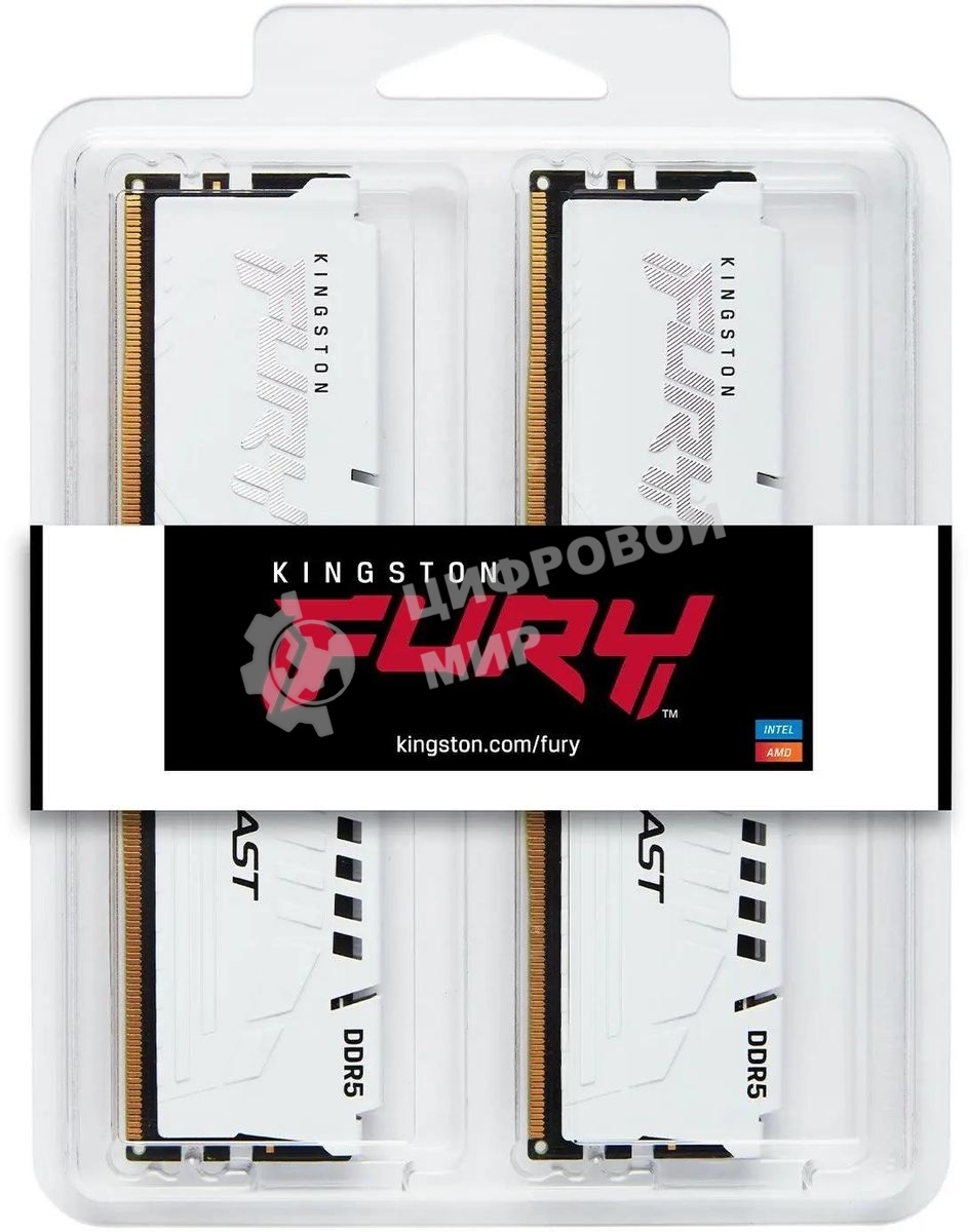 Оперативная память Kingston Fury Beast, DDR5, 64Gb (2x32GB), 5200MHz, CL40, DIMM, с радиаторами, белый