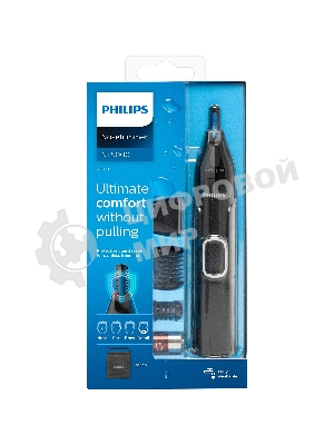 Триммер Philips для носа и ушей, черный, корпус - пластик, 3 насадки-гребня, насадка - триммер, щеточка для очистки, мягкий чехол, батарейка