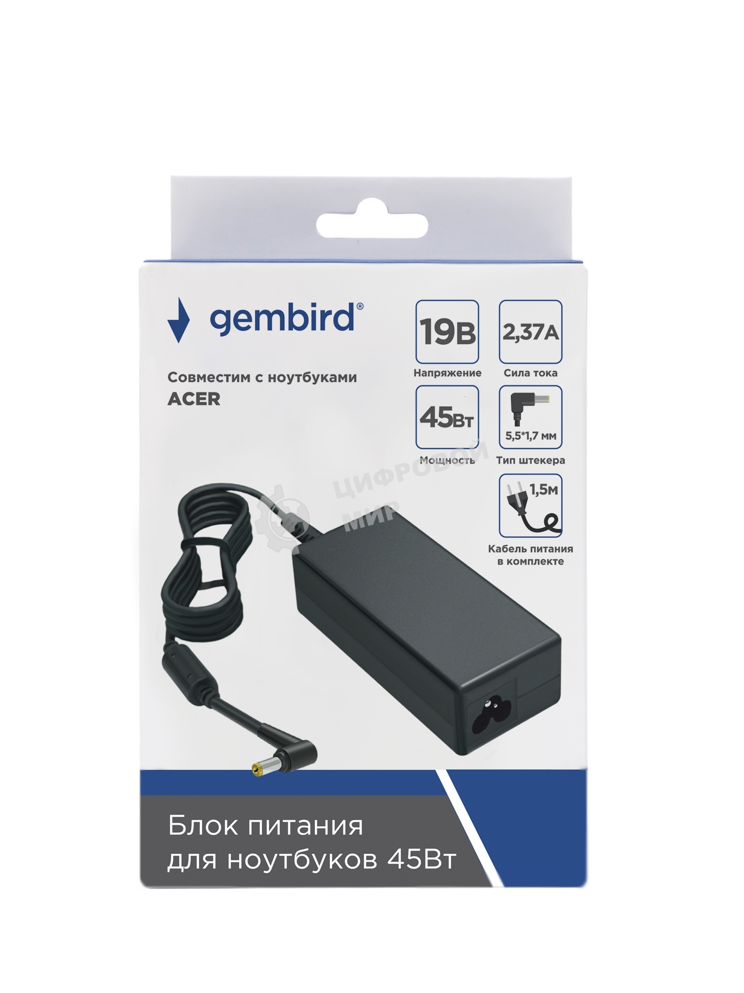 Блок питания Gembird для ноутбуков ACER NPA-AC38, 19В/2.37А, 45Вт, штекер 5.5х1.7мм, коробка