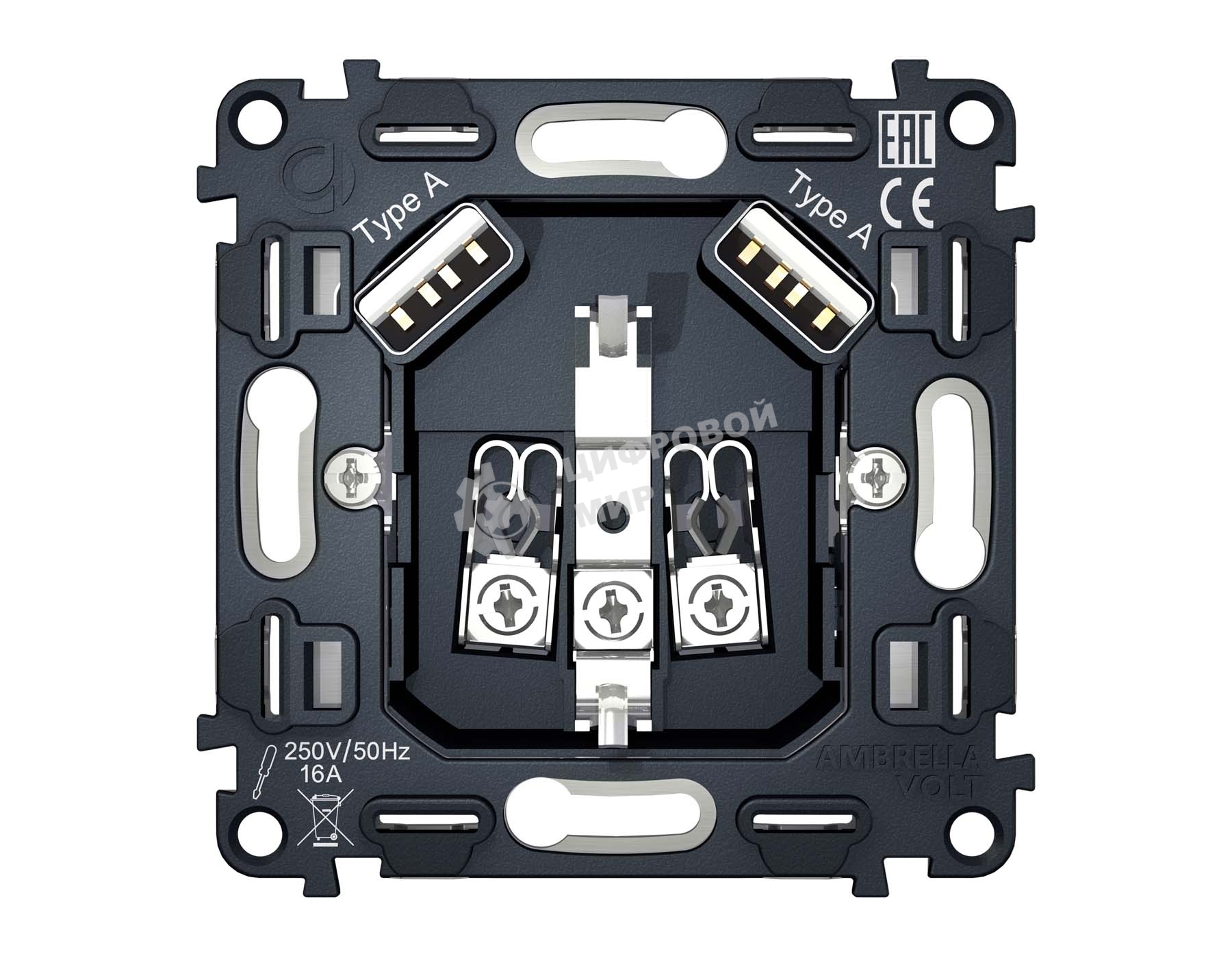 Механизм электрической розетки 2USB A+A 18W (быстрая зарядка) с/з на винтовых зажимах QUANT VM155
