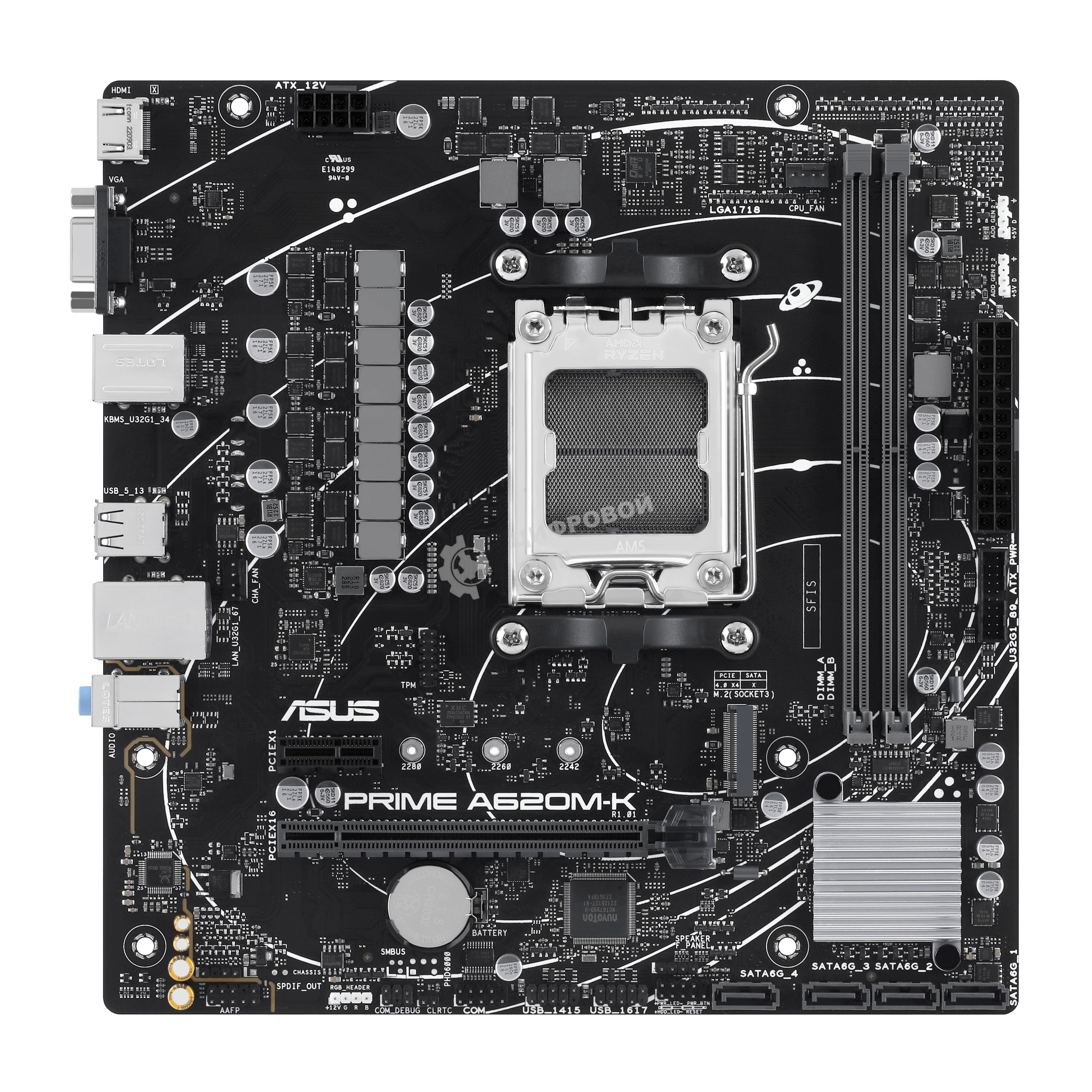 Материнская плата ASUS PRIME A620M-K, AM5, AMD A620, 2xDDR5, 4xSATA, 1xM.2, 1xPCI-E 4.0 x16, 1xPCI-E x1, 1xHDMI, 1xVGA, 1x 1Gb LAN, 4xUSB-A 3.2 Gen 1, 2xUSB-A 2.0, 3x3.5 мм, 7.1, Micro-ATX