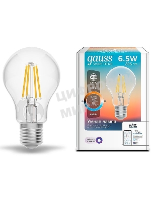 Лампа светодиодная филаментная Gauss Smart Home DIM+CCT E27 A60 6,5Вт 2000-6500 К 1/10/40