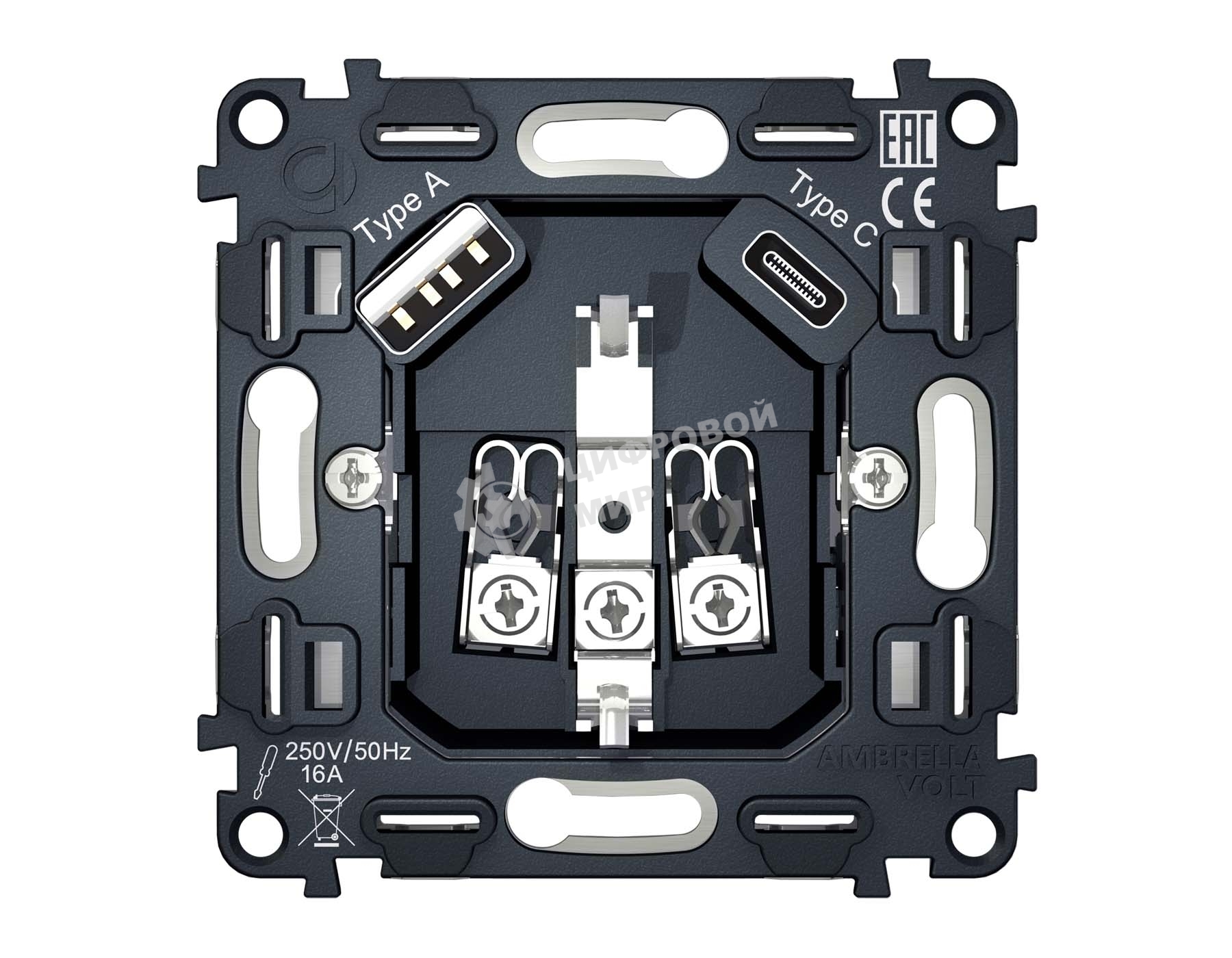 Механизм электрической розетки 2USB A+C 20W (быстрая зарядка) с/з на винтовых зажимах QUANT VM160