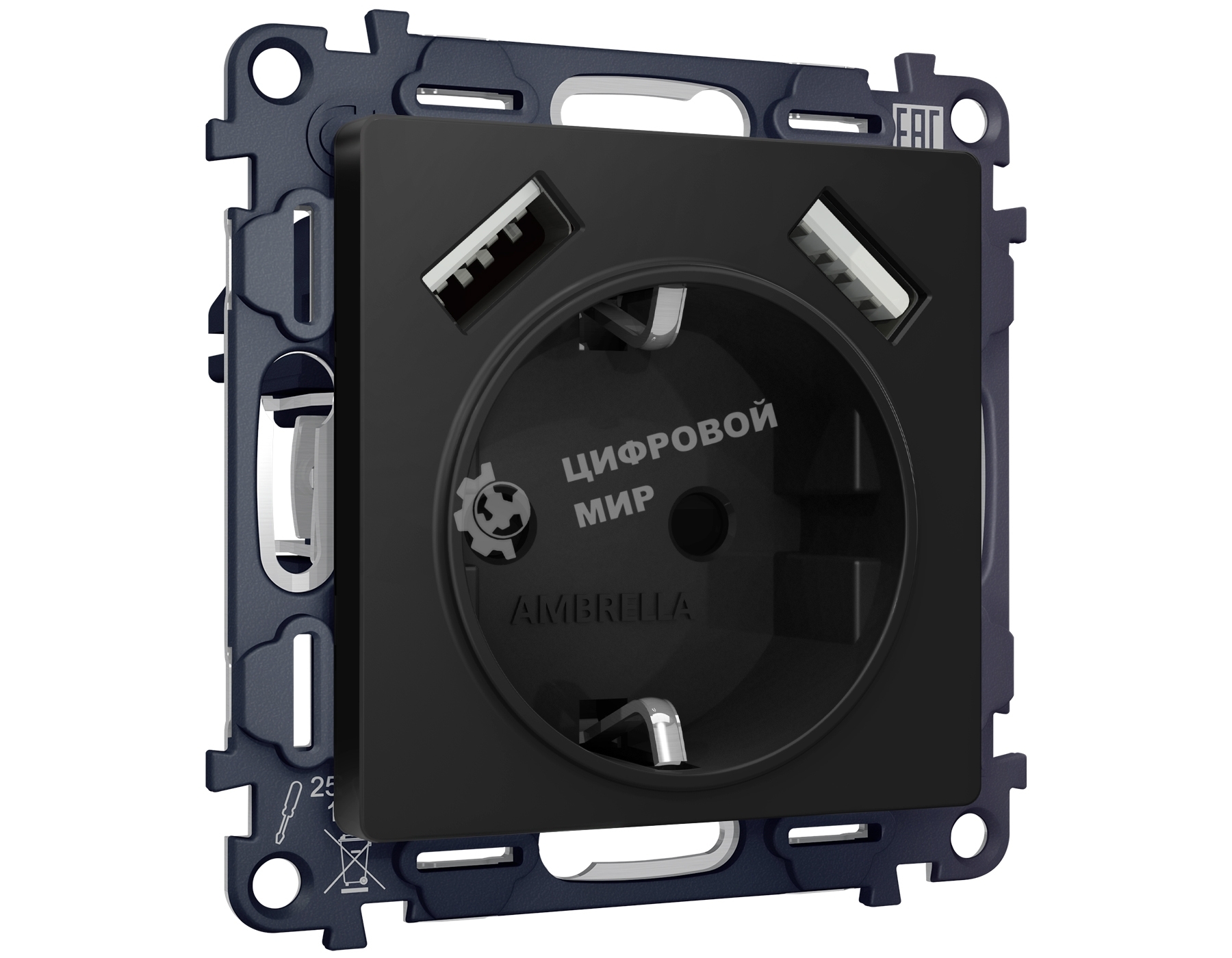 Комплект механизма электрической розетки ALFA Черный матовый 2USB A+A 18W (быстрая зарядка) с/з QUANT (AP8090, VM155) MA809010