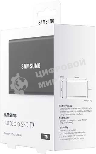 Внешний SSD Samsung T7, 1TB, USB 3.2 Gen 2 Type-C, R/W 1050/1000, серый