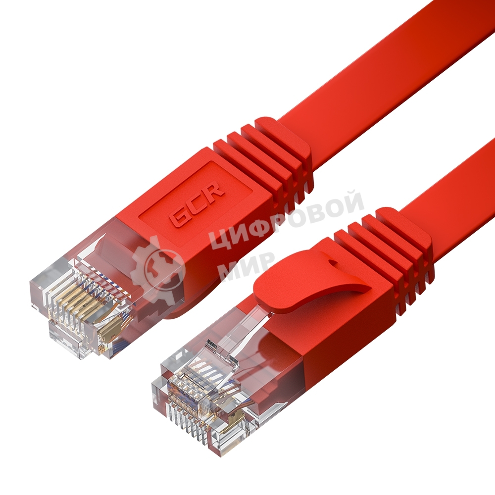 Патч-корд GCR PROF плоский прямой 10.0m, UTP медь cat.6, красный, 30 AWG, ethernet high speed 10 Гбит/с, RJ45, T568B, GCR-52851