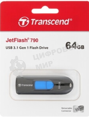 Флешка USB Transcend JetFlash 790 (TS64GJF790K), 64 Gb, USB 3.0, R/W 90/40, черный/синий