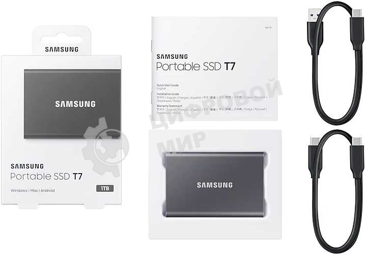 Внешний SSD Samsung T7, 1TB, USB 3.2 Gen 2 Type-C, R/W 1050/1000, серый