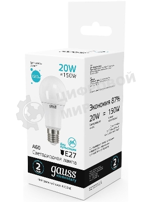 Лампа светодиодная Gauss Elementary 20Вт цок.:E27 груша 220B 4100K св.свеч.бел.нейт. A60 (упак.:10шт) (23229)
