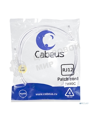 Шнур комм. Cabeus, кат. , неэкр., U/UTP, RJ12(6p4C), PVC, AWG28, 3м, белый