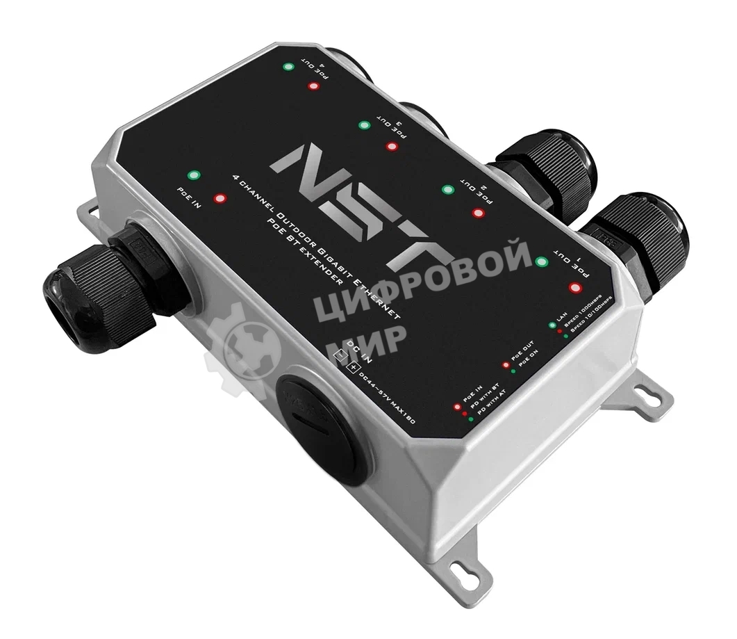 Уличный Ultra PoE удлинитель - коммутатор Gigabit Ethernet до 250м на 5 портов. Порты Ethernet: Вход - 1x10/100/1000Base-T RJ45; Выход - 4x10/100/1000Base-T RJ45. Порты PoE: Вход - 1xIEEE 802.3af/at/bt/Passive POE (до 120W); Выход - 1xIEEE 802.3af/at/bt (