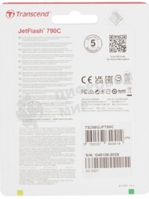Флешка USB Transcend JetFlash 790С (TS256GJF790C), 256Gb, USB 3.0 Type-C, R/W 90/60, черный/зеленый