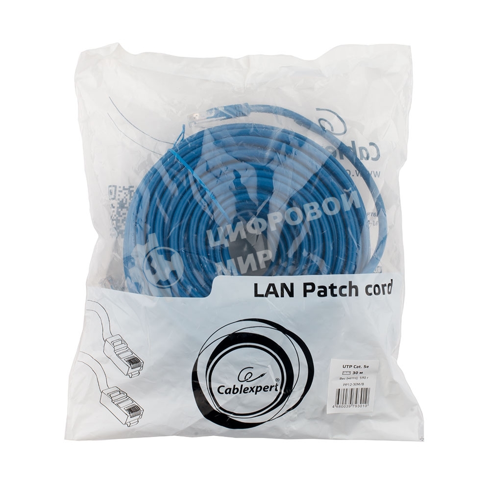 Патч-корд UTP Cablexpert PP12-30M/B cat.5e, 30м, литой, многожильный, синий
