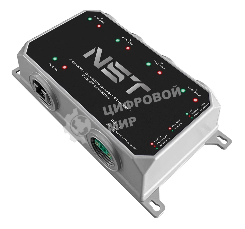 Уличный Ultra PoE удлинитель - коммутатор Gigabit Ethernet до 250м на 5 портов. Порты Ethernet: Вход - 1x10/100/1000Base-T RJ45; Выход - 4x10/100/1000Base-T RJ45. Порты PoE: Вход - 1xIEEE 802.3af/at/bt/Passive POE (до 120W); Выход - 1xIEEE 802.3af/at/bt (