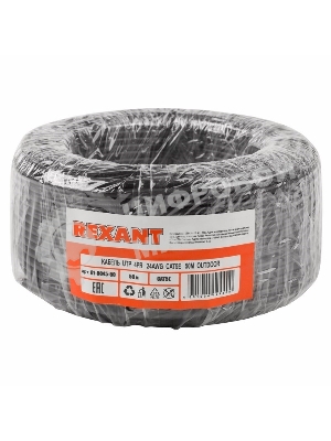 Кабель UTP Rexant 4PR 24AWG, CU (медь), CAT5e, 100 МГц, PE, черный, OUTDOOR, бухта 50 м
