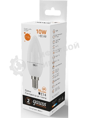 Лампа светодиодная Gauss Elementary 10Вт цок.: E14 свеча 220B 3000K св. свеч. белый теп. C37 (упак.: 10 шт)