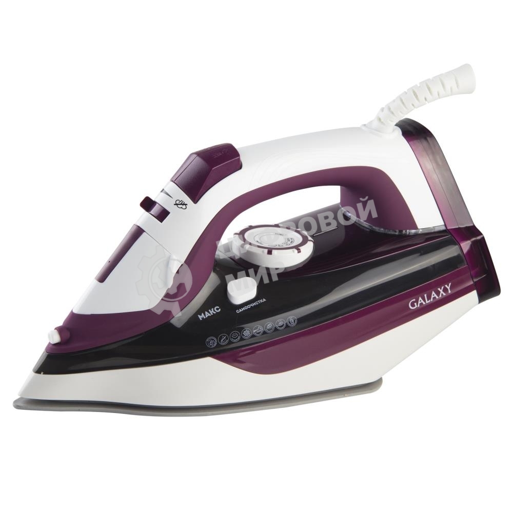 Утюг Galaxy Line GL 6108, бордовый с белым, паровой, 2400 Вт, постоянный пар 50 г/мин, паровой удар 230 г/мин, функции: автоотключение, самоочистка, антикапля, антинакипь, вертикальное отпаривание, индикатор автоотключения, индикатор нагрева, функция увла