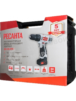 Дрель-шуруповерт Ресанта ДА-24-2ЛК-У, 24 В, 2 Ач, 60 Нм, щеточный