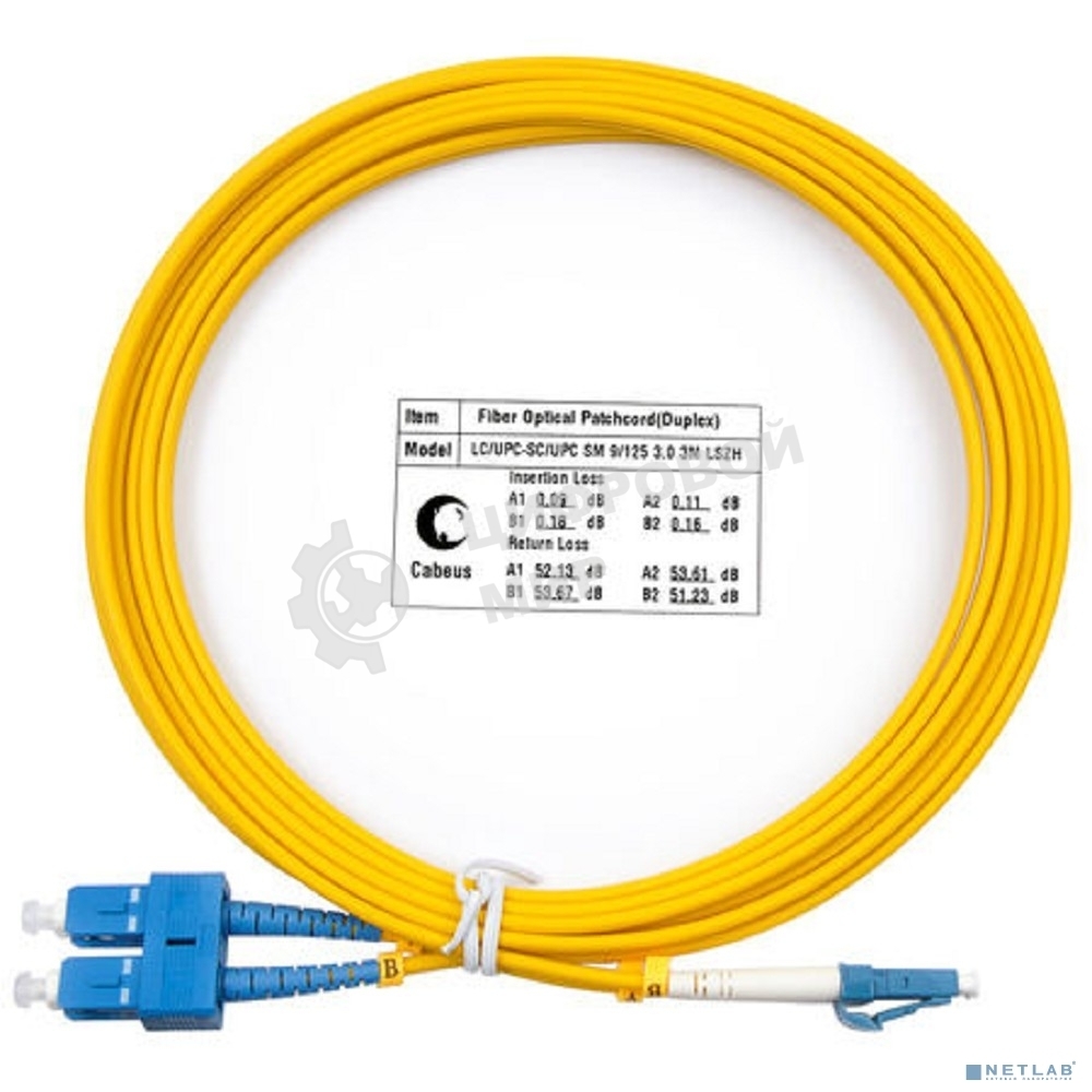 Комм. шнур оптический Cabeus Tight Buffer, Duplex LC/SC, OS2 9/125, LSZH, 3м, d= 3мм, синий хвостовик, желтый