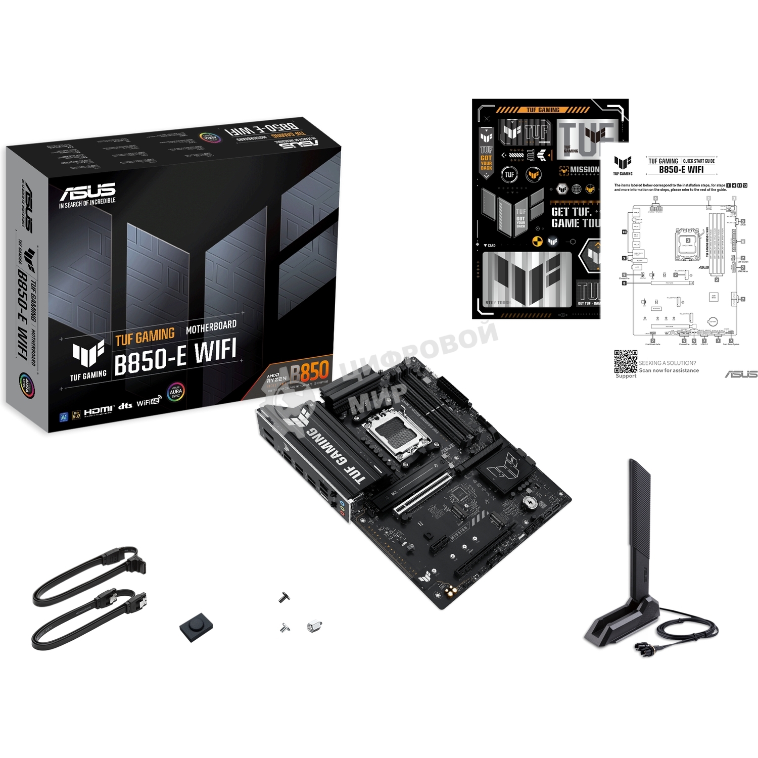 Материнская плата ASUS TUF Gaming B850-E WiFi, AM5, AMD B850, 4xDDR5, 4xSATA, 3xM.2, 1xPCIe 5.0 x16, 1xPCIe 4.0 x16, 1xPCIe x1, 1xDP, 1xHDMI, 2xUSB-C (1x10Gbps, 1x20Gbps), 3xUSB-A 5Gbps, 3xUSB-A 2.0, 1x2.5Gb LAN, Wi-Fi 6E, Bluetooth 5.3, 3x3.5 мм, 7.1, AT