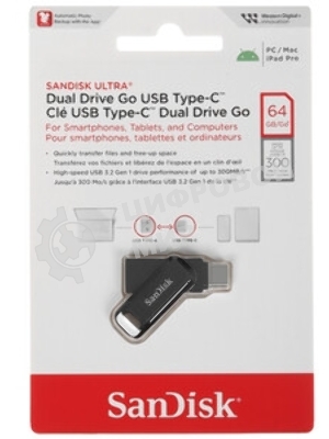 Флешка USB SanDisk DDC3 Ultra Dual Go (SDDDC3-064G-G46), 64Gb, USB 3.1/USB Type-C, R/W 150/30, черный