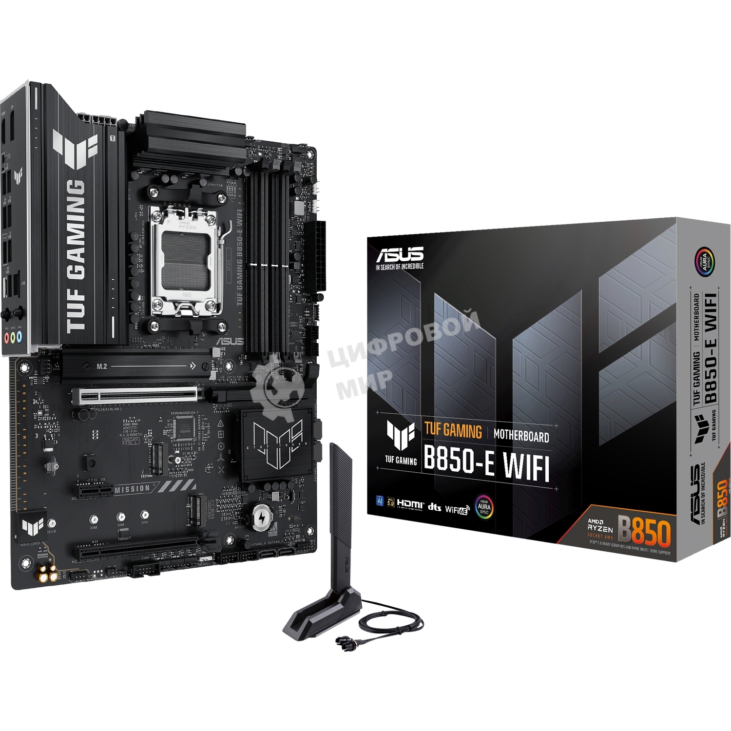 Материнская плата ASUS TUF Gaming B850-E WiFi, AM5, AMD B850, 4xDDR5, 4xSATA, 3xM.2, 1xPCIe 5.0 x16, 1xPCIe 4.0 x16, 1xPCIe x1, 1xDP, 1xHDMI, 2xUSB-C (1x10Gbps, 1x20Gbps), 3xUSB-A 5Gbps, 3xUSB-A 2.0, 1x2.5Gb LAN, Wi-Fi 6E, Bluetooth 5.3, 3x3.5 мм, 7.1, AT