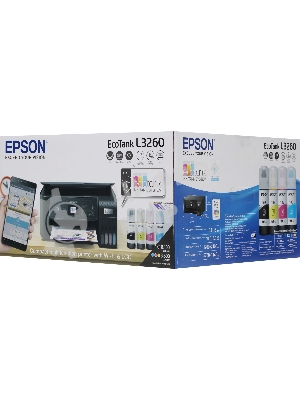 МФУ струйное Epson L3260 (C11CJ66409/C11CJ66507/C11CJ66511/C11CJ66414/C11CK58507), A4, цветной, печ. до 33 стр/мин. (ч/б) до 15 стр/мин. (цвет), 1440 x 5760 dpi (печать) 1200x2400dpi (скан.), USB, Wi-Fi, Air Print, Mopria