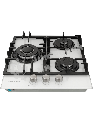 Газовая варочная поверхность закалённое стекло, Ширина 45 см, 3 газовые конфорки, 1 экономичная конфорка (0,9 кВт), 1 стандартная конфорка (1,7 кВт), 1 ВОК конфорка(3,5 кВт), Автоподжиг, Чугунные решетки, Жиклёры для баллонного газа, Газ-контроль, Цвет: белое стекло