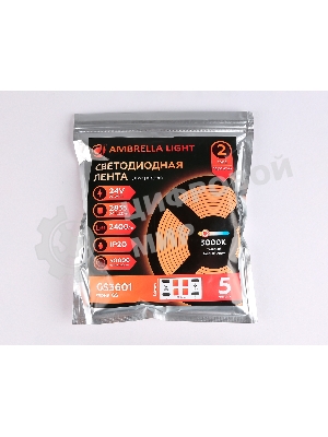 Светодиодная лента Ambrella light GS3601 2835 204Led/ 20W m/ 24V IP20 3000K/ 5000*14*1.2mm (2 конт.)