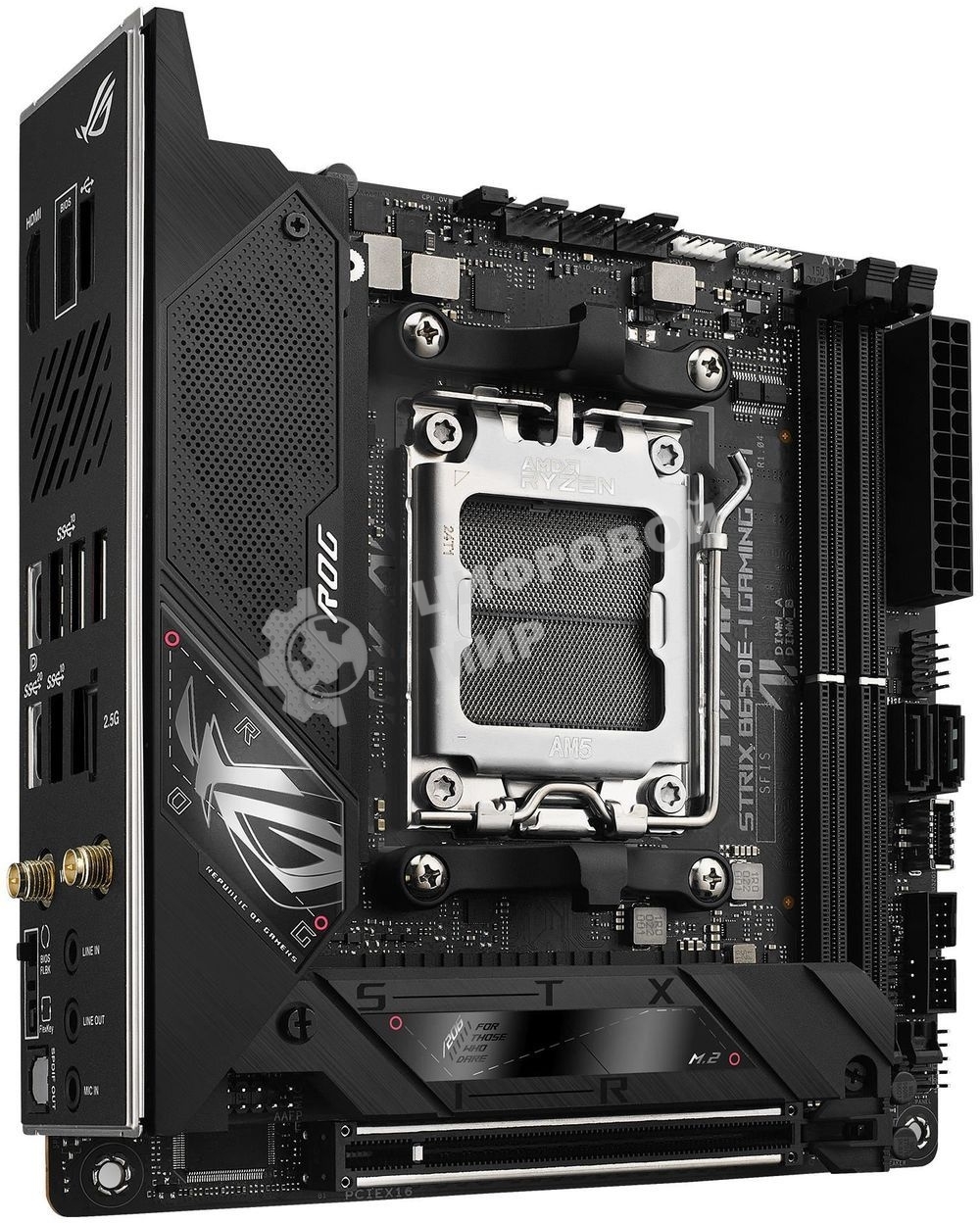 Материнская плата ASUS ROG STRIX B650E-I GAMING WIFI, AM5, AMD B650, 2xDDR5, 2xSATA, 2xM.2, 1xPCIe 5.0 x16, 1xHDMI, 1x 2.5Gb LAN, 4xUSB-A 3.2 Gen 2, 1xUSB-A 3.2 Gen 1, 1xUSB-C 3.2 Gen 2x2, 3x3.5 мм, 7.1, Mini-ITX