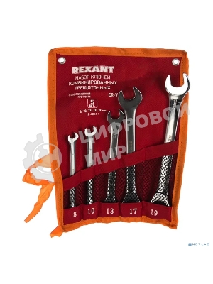 Набор ключей комбинированных трещоточных Rexant (8, 10, 13, 17, 19 мм), 5 шт., CrV, зеркальное хромирование