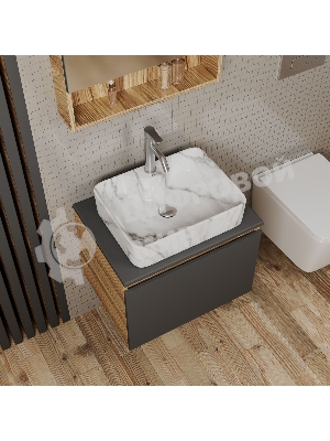 Комплект: тумба Bau Dream Blackwood графит 60, 1 ящик, раковина прямоугольная BAU Cerama 48х37, мрамор, смеситель Hotel Dream, нерж сталь, выпуск клик клак хром