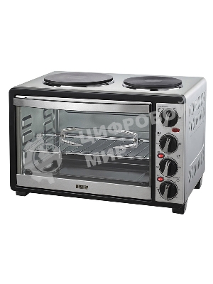 Мини-печь Mystery MOT-3330 (нержавеющая сталь, 1500 Вт, 2 конфорки, гриль, съемный вертел)