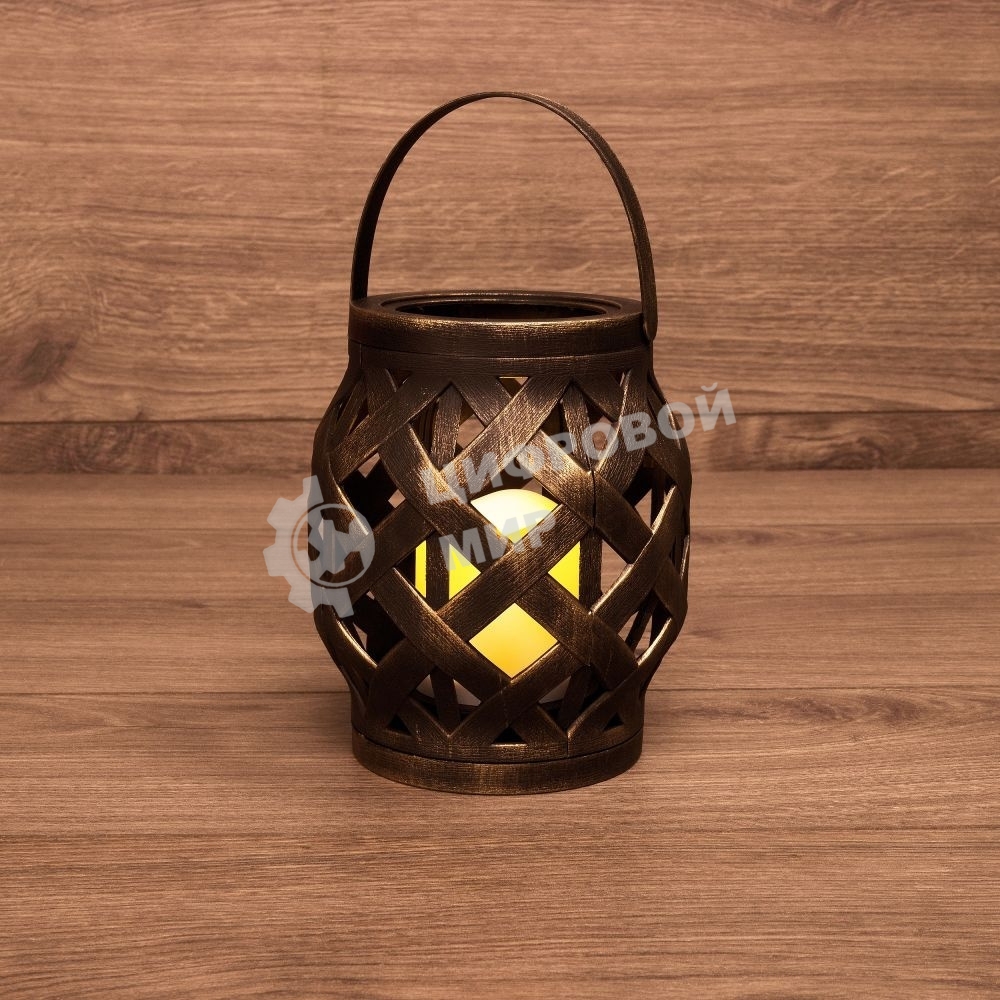 Декоративный фонарь со свечкой, плетеный корпус, бронза, размер 14х14х16,5 см, цвет теплый белый