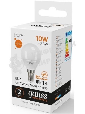 Лампа светодиодная Gauss Elementary 10Вт цок.: E14 шар 220B 3000K св. свеч. бел. теп. (упак.: 10 шт)