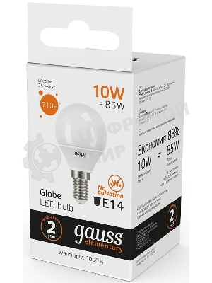 Лампа светодиодная Gauss Elementary 10Вт цок.: E14 шар 220B 3000K св. свеч. бел. теп. (упак.: 10 шт)