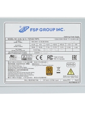 Блок питания серверный FSP FSP300-70PFL(SK) 300W, PS2 (ШВГ=150x86x140мм), 80PLUS Bronze, A-PFC, 8см FAN, IPC/Server PSU, Стандарт IEC 62368, OEM 10 (521706)