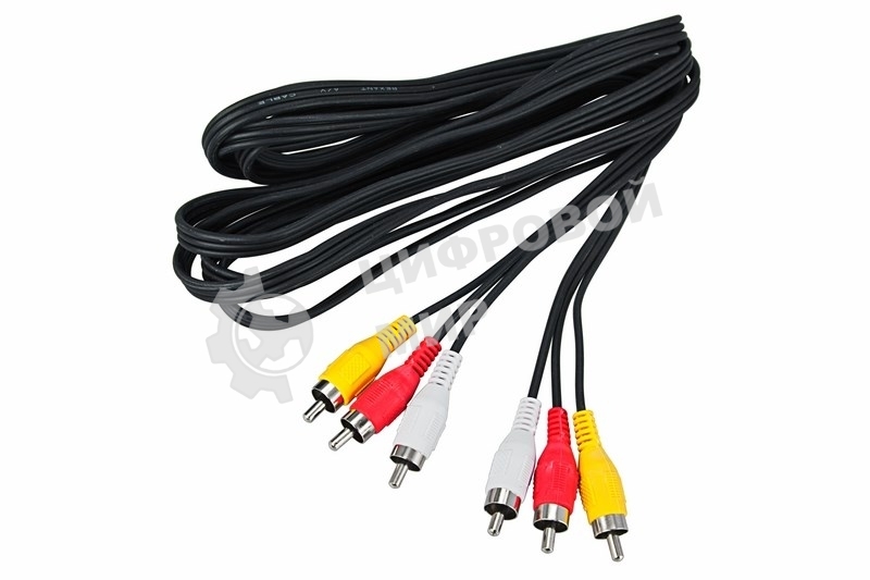 Шнур Rexant 3 RCA - 3 RCA, 5 м, черный (10 шт./уп.)