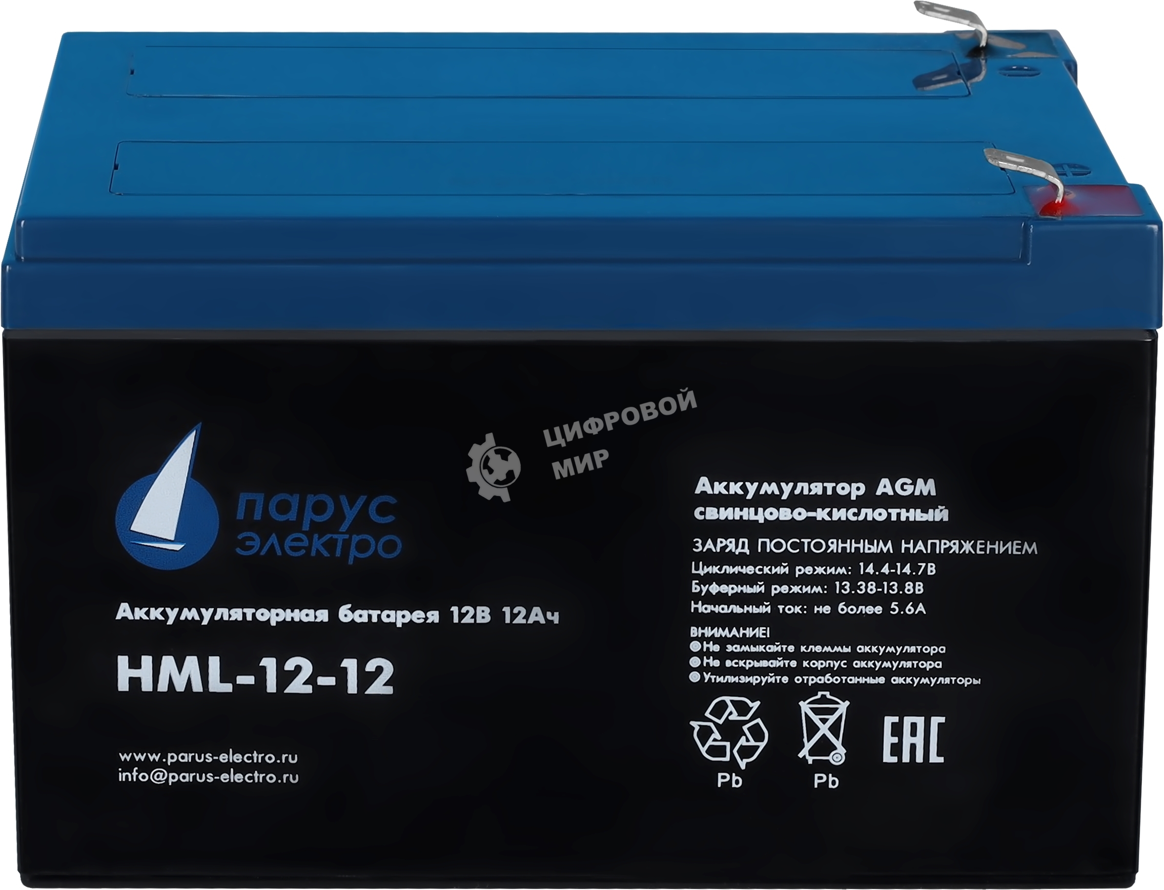 Battery Parus Electro, professional series HML-12-12, voltage 12V, capacity 12Ah (discharge 20 hours), max. discharge current (5sec) 180A, max. charge current 4.8A, lead-acid type AGM, terminals F2, LxWxH 151x98x95mm., full height with terminals 101mm., weight 4kg., service life 12 years.