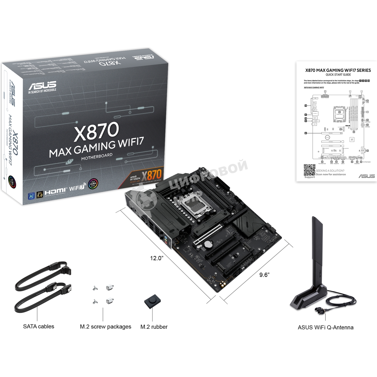Материнская плата ASUS X870 MAX GAMING WIFI7, AM5, AMD X870, 4xDDR5, 4xSATA, 3xM.2, 1xPCIe 5.0 x16, 2xPCIe 4.0 x16, 1xPCIe x1, 1xHDMI, 2xUSB-C 40Gbps (USB4), 1xUSB-A 10Gbps, 3xUSB-A 5Gbps, 4xUSB-A 2.0, 1x2.5Gb LAN, Wi-Fi 7, Bluetooth 5.4, 3x3.5 мм, 7.1, A