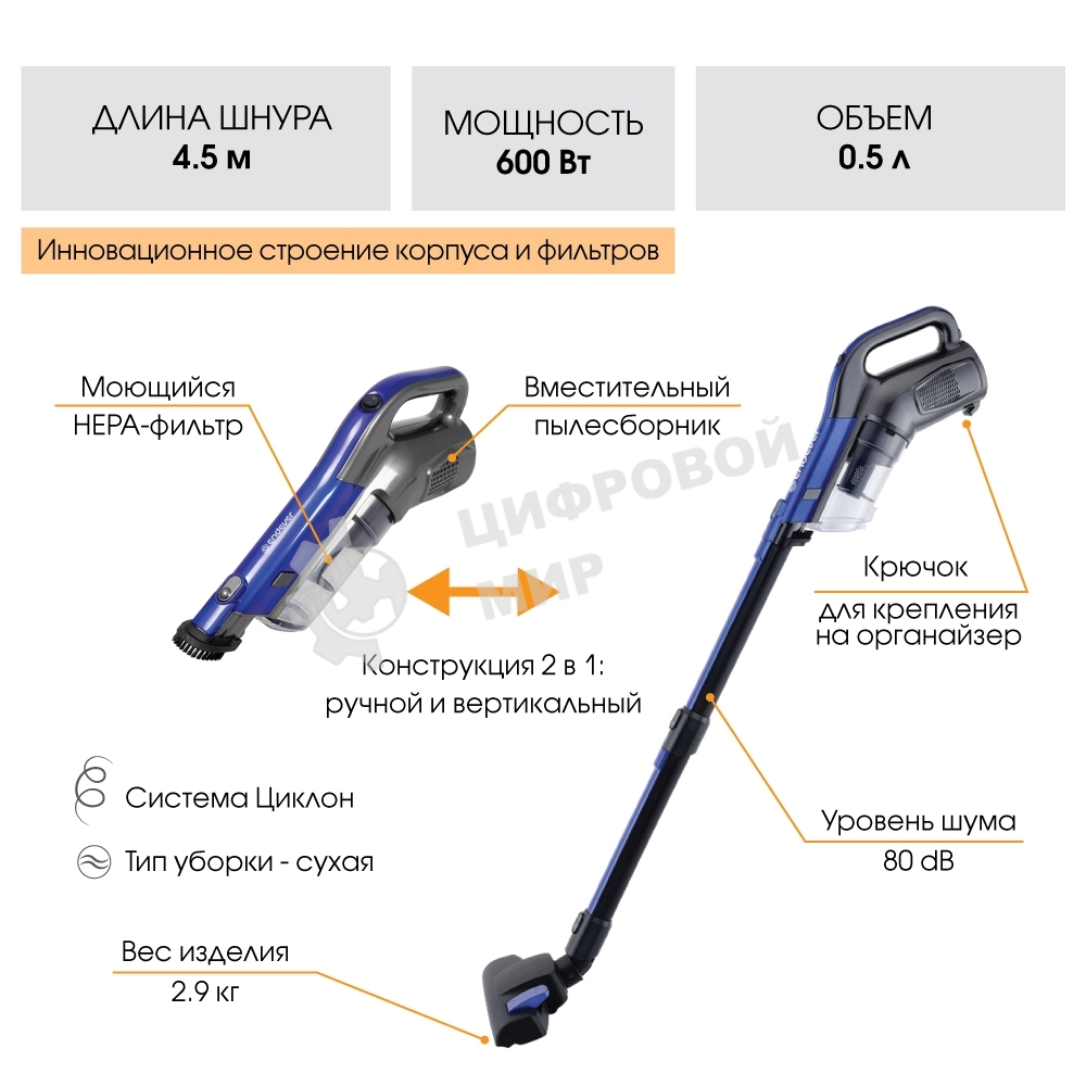 Пылесос вертикальный Endever SkyClean VC-287 циклонного типа