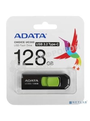 Флешка USB ADATA UC300 (ACHO-UC300-128G-RBK/GN), 128Gb, Type-C USB 3.2, R/W 100/30, черный/зеленый