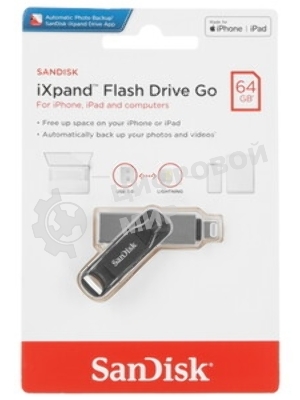 Флешка USB SanDisk IX60N iXpand Go (SDIX60N-064G-GN6NN), 64Gb, USB 3.0/Lightning, R/W 150/70, черный/серебристый